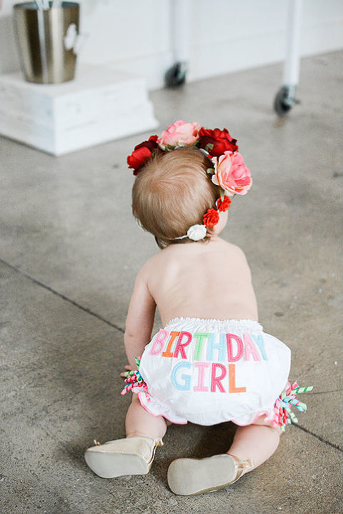 Baby Girl in flower crown and adorable diaper cover.