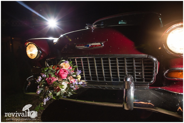 Bridal bouquet on front fender of Bel Air