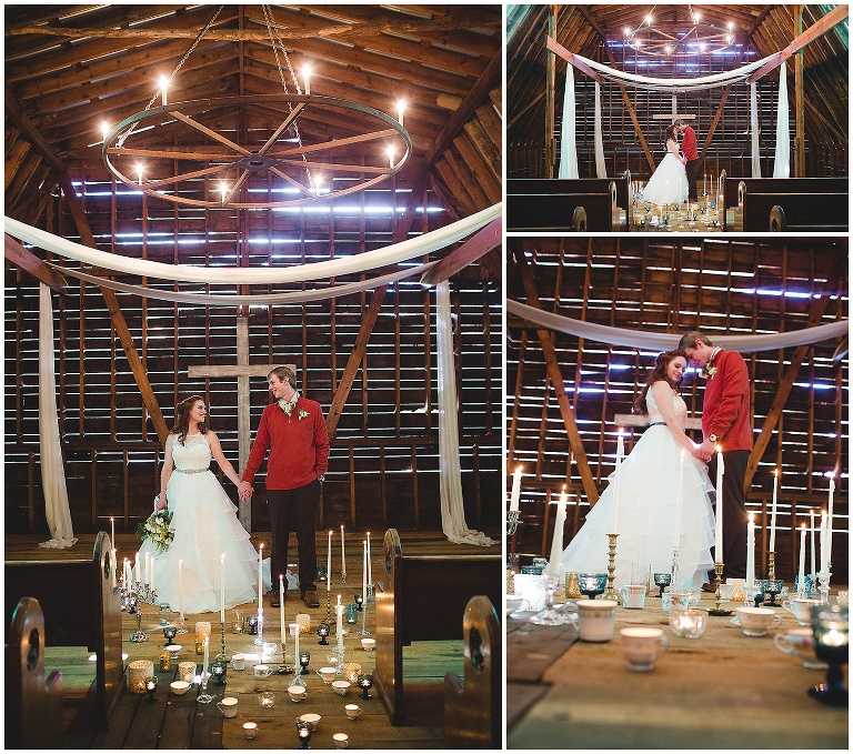the barn at Honeysuckle Hill made for the perfect backdrop for this couple surrounded by candles