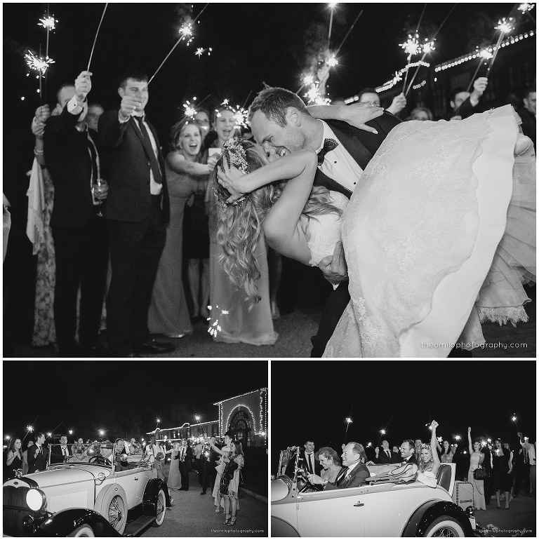 Couple exits with sparkles and in vintage car